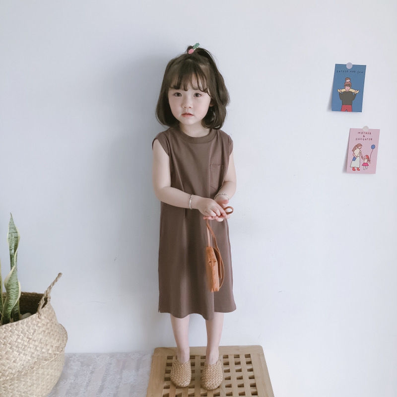 Girl Spring Clothing 2021 South Korean Baby Leisure Brief Yoloose Yoon Girl Sleeveless Mid t-shirt T-shirt Foreign Dress