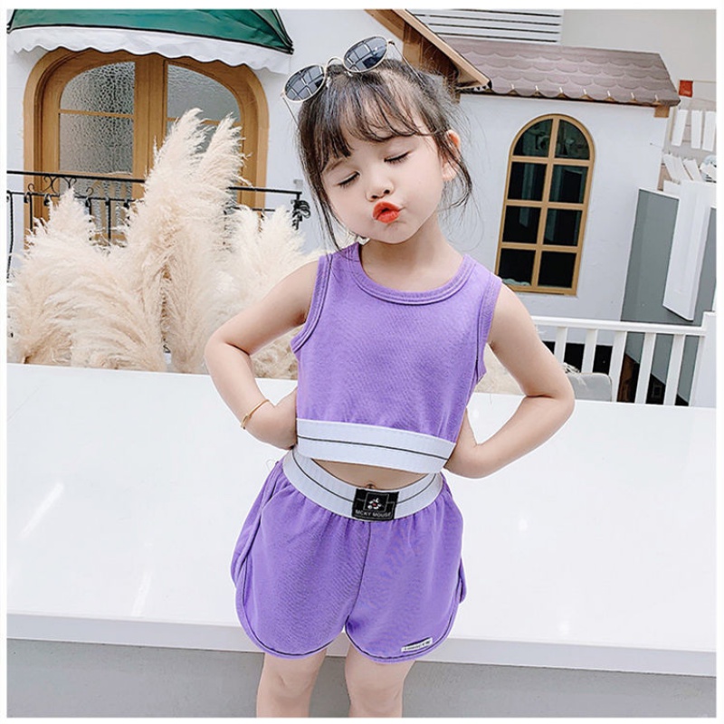 Girl Sports Casual Suit Foreign Pie short Vest Dew navel shorts Two sets Child cotton Sleeveless Vest