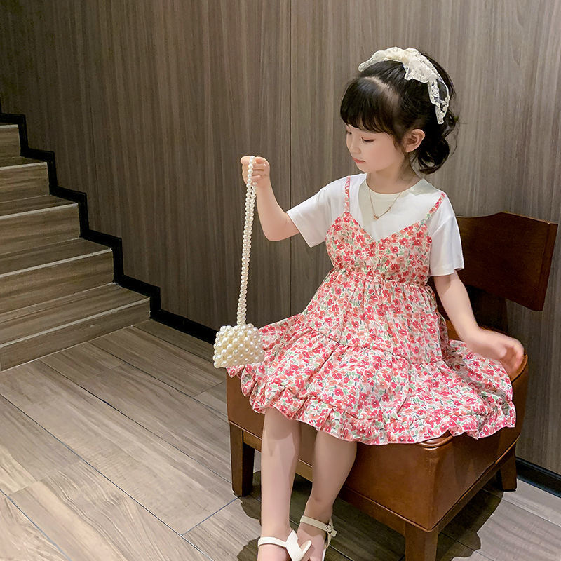 Girl Shatter Ocean Dress Summer Sweet Beauty Little Fresher Children's Girlfriends 12-year-old Pendant With 12-year-old Pendant With Two Sets
