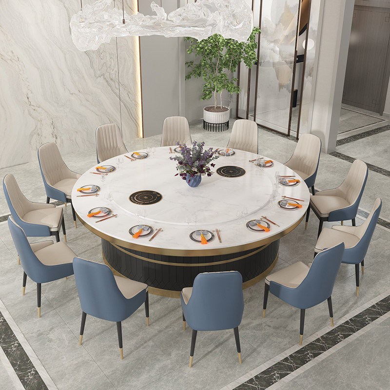 Hotel large round table electric 15 people 20 people hotel table and chair combination European restaurant marble turntable with induction cooker
