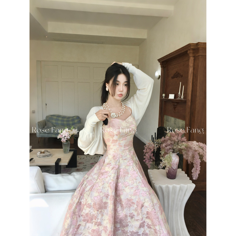 Rosefang [Porcelain White] French Jacquard Suspender Skirt Retro Square Neck Light Pink Slim Dress Princess Dress