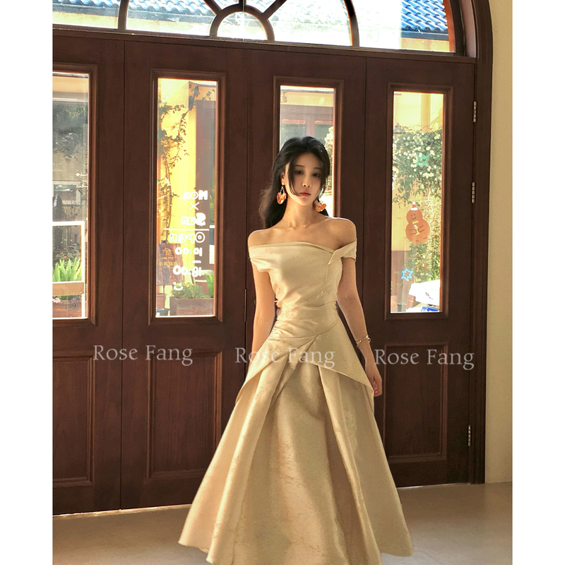 Rosefang New Product Limited-Time Offer [Oil Painting Gardenia] Early Spring French Retro One-Shoulder Waist-Cinching Dress