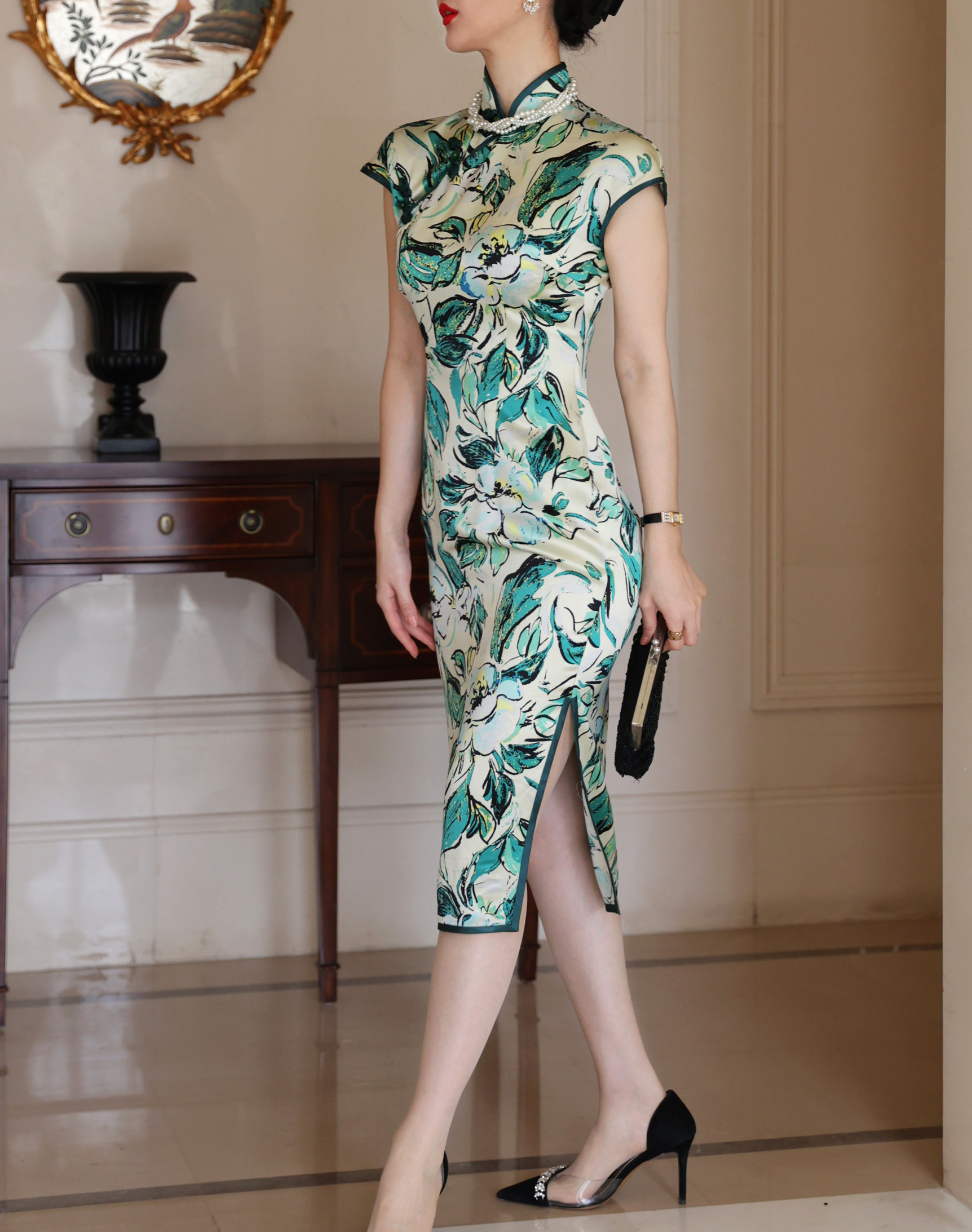 [50 % off clearance] Rosefang [New Green] Chinese retro Republic of the Republic of China Wind acetic acid printing ski cheongsam