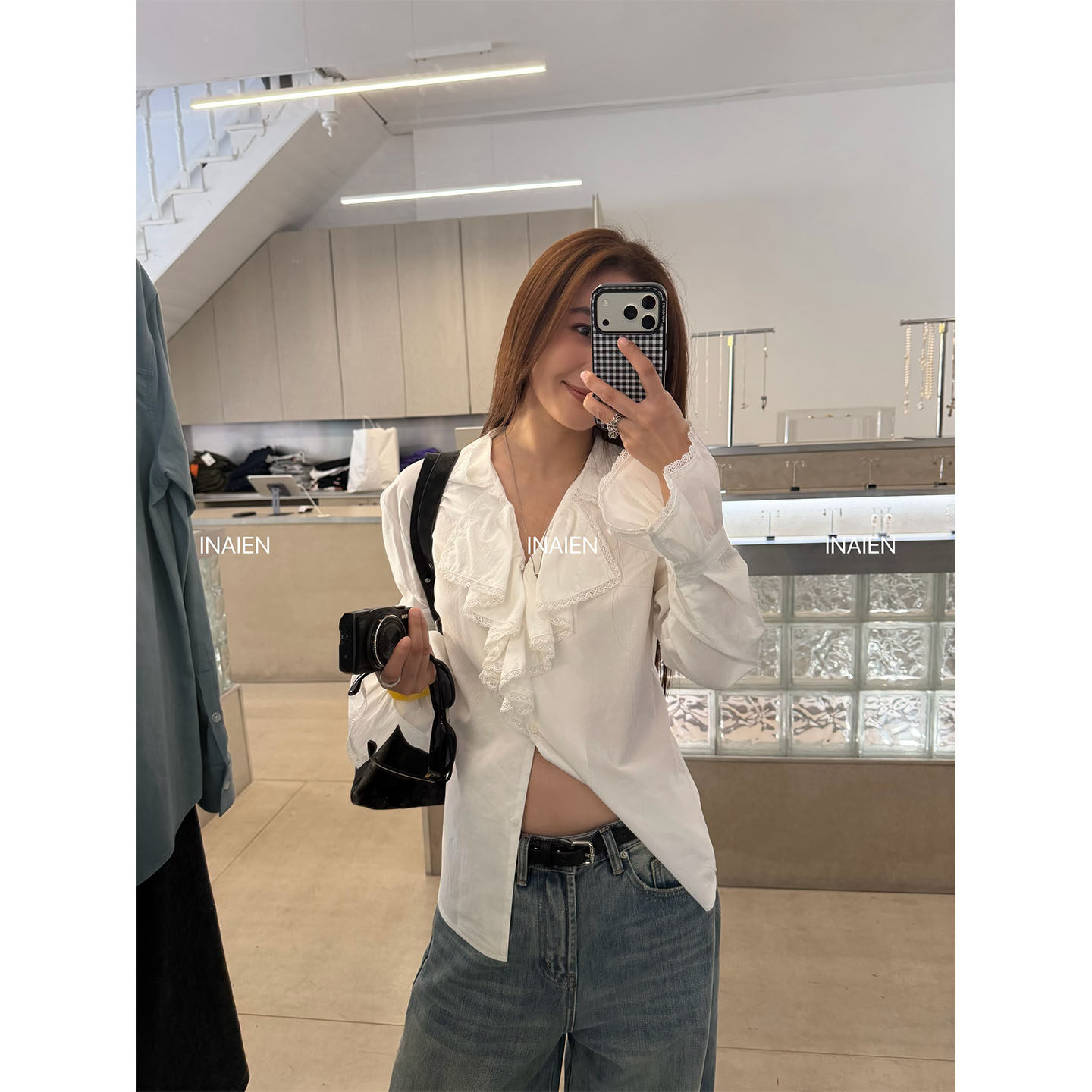 INAIEN笑笑家 джинсы дымчато-синие 2026 новая модель женские широкие брюки