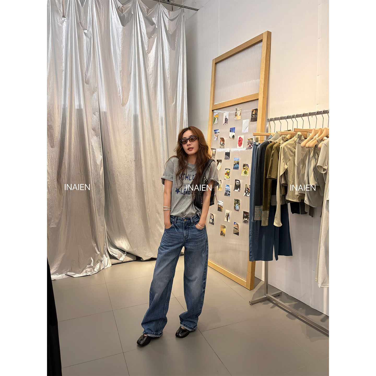 INAIEN笑笑家 весна-лето футболка с принтом букв, потертая, свободная, скрывающая недостатки