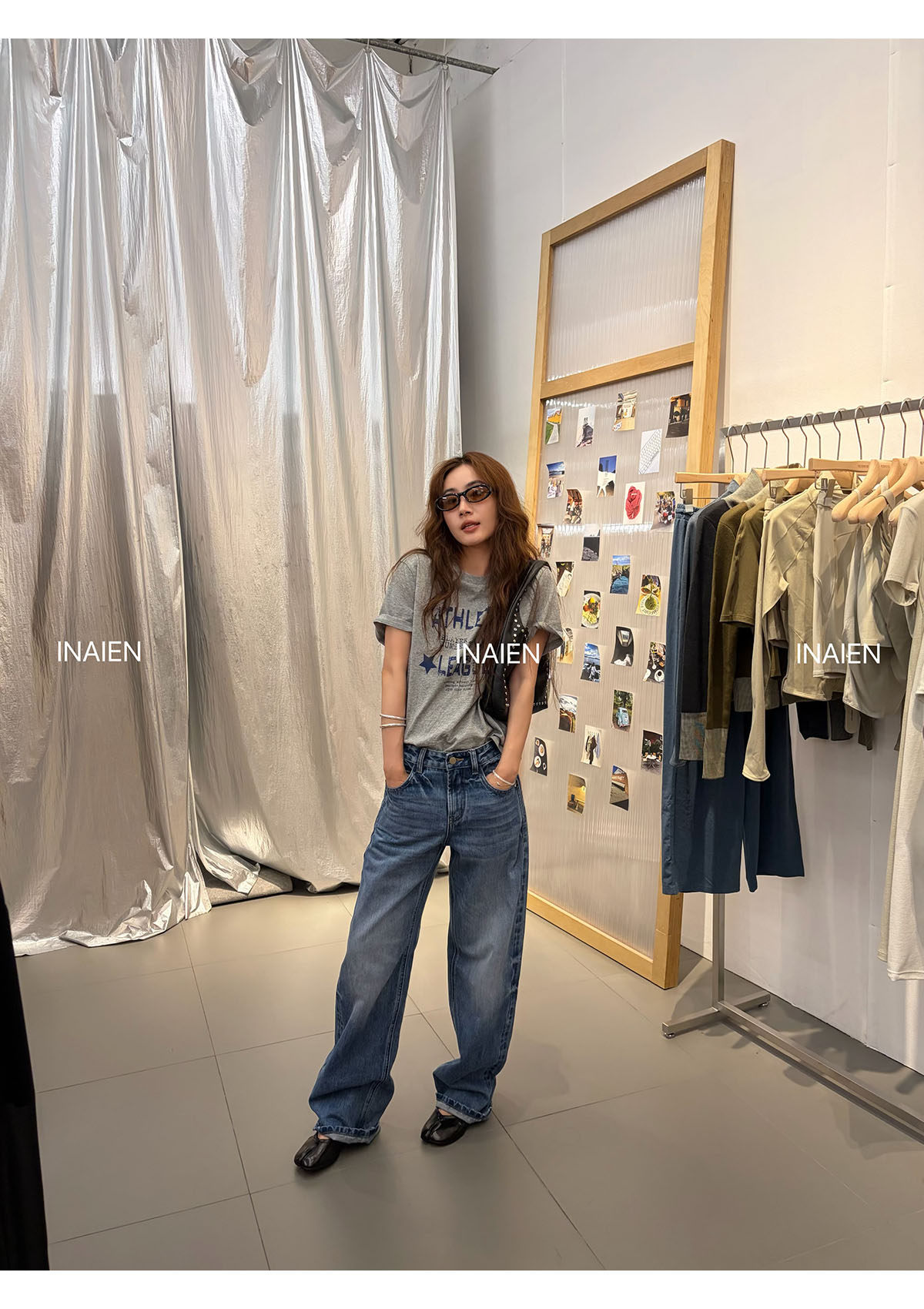 INAIEN笑笑家 весна-лето футболка с принтом букв, потертая, свободная, скрывающая недостатки