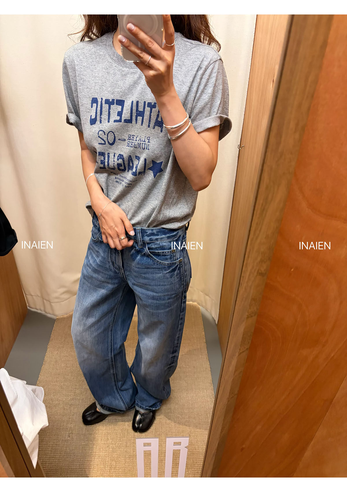 INAIEN笑笑家 весна-лето футболка с принтом букв, потертая, свободная, скрывающая недостатки
