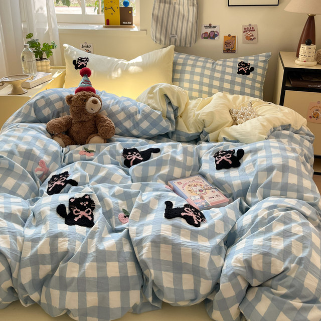 Ins girl heart plaid cat towel embroidered wash cotton four-piece set non-pure cotton student dormitory bed sheet three-piece set set