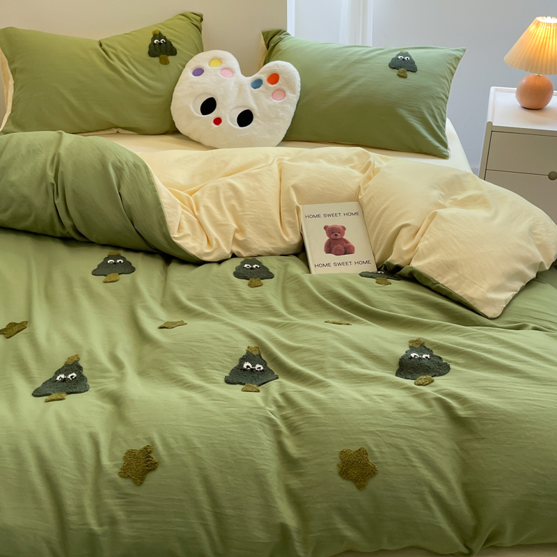 ins Green Little Tree Towel Embroidery Washed Cotton Bed Four-Piece Set Solid Color Duvet Cover Student Dormitory Bed Sheet Three-Piece Set4
