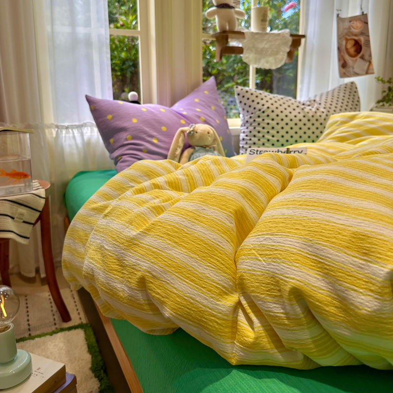 Class a ins Windy Girly Dopamine Yellow Striped Bedding Set Four-Piece Student Dormitory Duvet Cover Bed Sheet Three-Piece Set Class a ins Windy Girly Dopamine Yellow Striped Bedding Set Four-Piece Student Dormitory Duvet Cover Bed Sheet Three-Piece Set