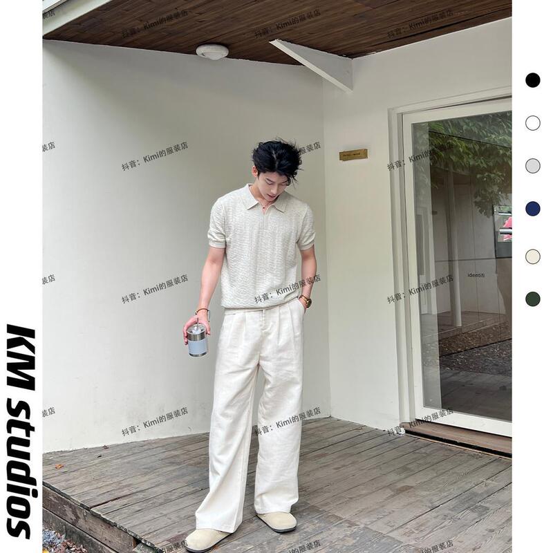 Km Studios 26 Spring and Summer New Style Old Money Style Cotton Yarn Knitted Seagull Collar Short-Sleeved Polo Shirt Top for Men
