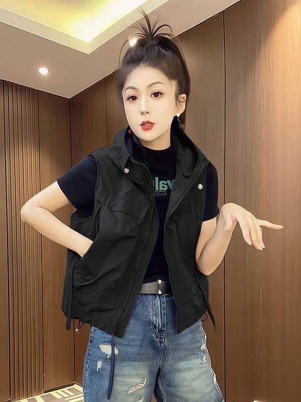 European Style Work Vest Jacket for Women, New Spring and Autumn Model, Petite Hooded Casual Vest, Fashionable Sleeveless Jacket