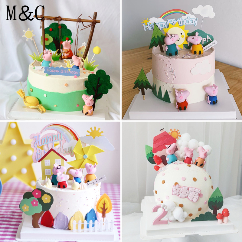 Pig Baby Birthday Baking Cake Swing Piece Soft Pottery Small Pig Family of Four Cottage Windmill Plug-in