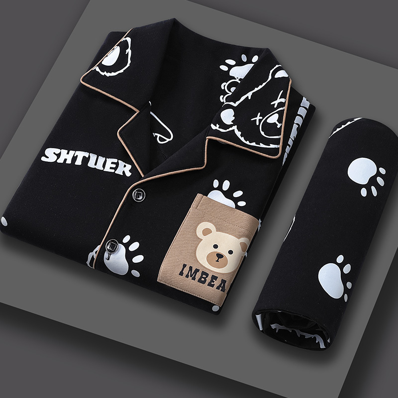 Spring and Autumn Pure Cotton Pajamas for Men, Long-Sleeved, Plus Size, Cartoon Style, Young Men's Loungewear Set, Can Be Worn Outside