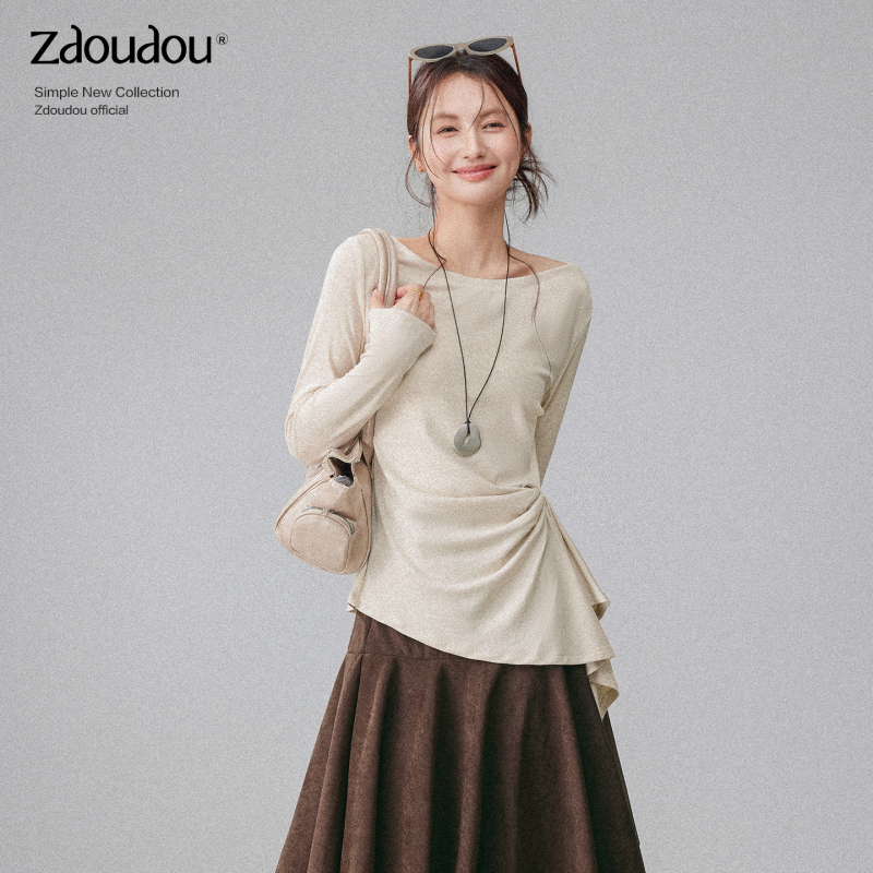 Zhang Doudou French-Style Long-Sleeve T-Shirt for Women, Early Spring 2026 New Korean Design, Niche Tie-Up Irregular Top