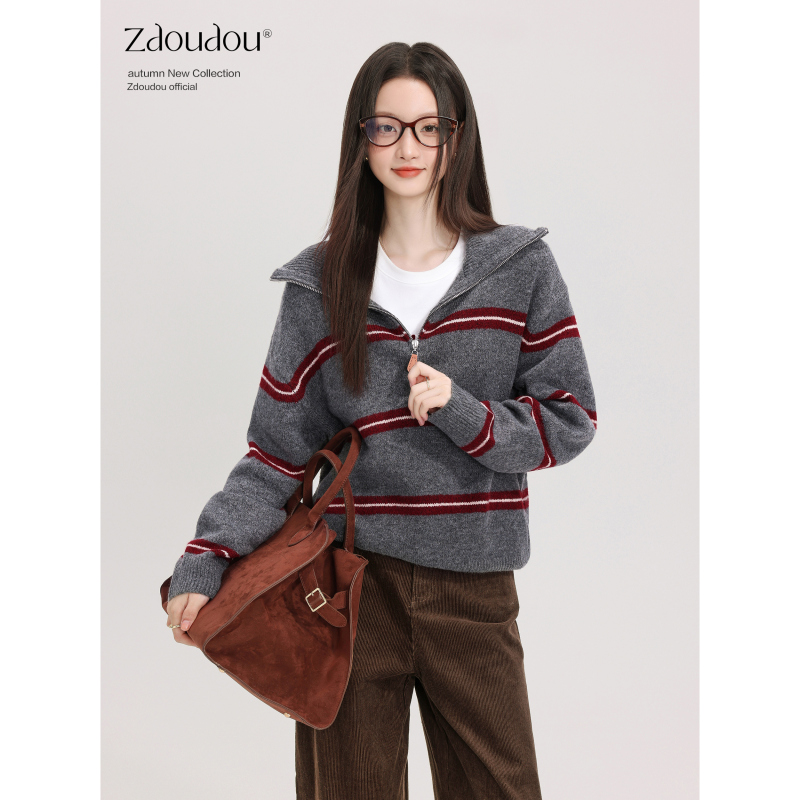 Zhang Doudou Gray Polo Collar Half-Zip Striped Sweater for Women, Autumn and Winter Korean Style Lazy Fashion Knit Top Zhang Doudou Gray Polo Collar Half-Zip Striped Sweater for Women, Autumn and Winter Korean Style Lazy Fashion Knit Top