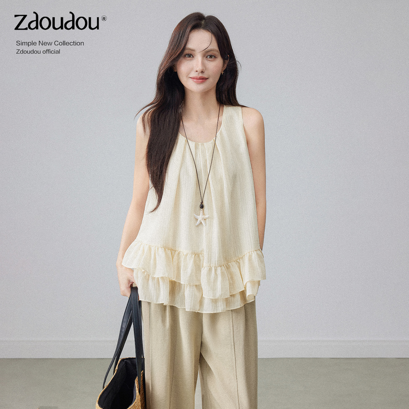 Zhang Doudou Ruffled Sleeveless Vest Shirt for Women, Summer 2026 New Design, Niche Loose Yellow Top