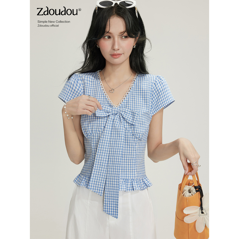 Zhang Doudou Blue Plaid Short-Sleeved Shirt for Women, Summer 2026 New Design, Niche Style with Bow Tie and Waist-Cinching Top