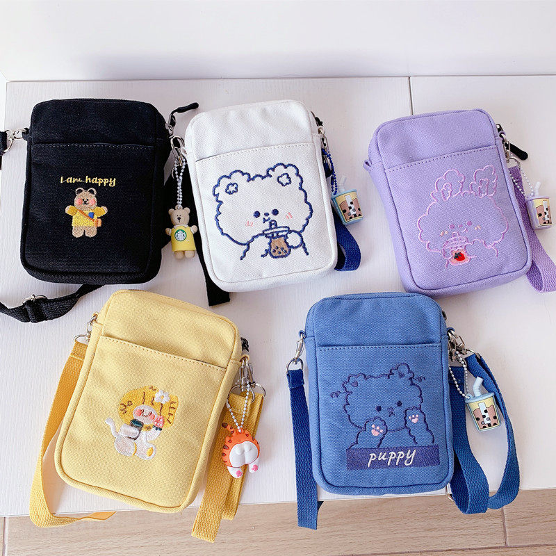 Japanese cartoon cute mobile phone bag female messenger mini bag all-match canvas single shoulder vertical coin purse in hand
