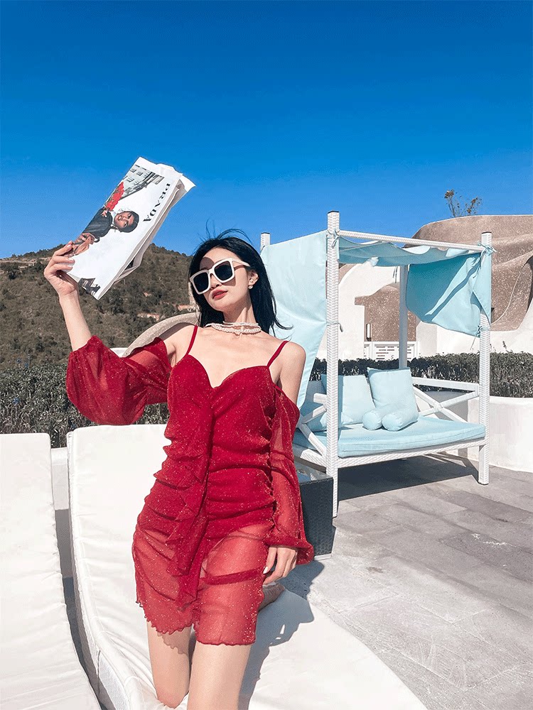 Swimming Vintage Swimsuit Ins Wind Net Red Style Sexy Long Sleeve Vacation Hot Spring Red One Piece Swimsuit For Women Lazada Singapore