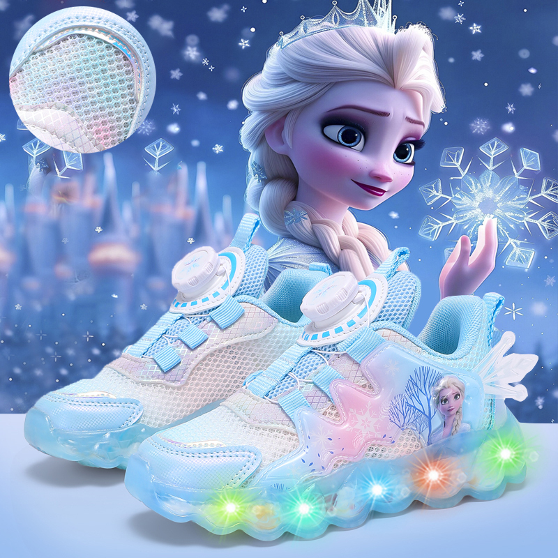 Brand Elsa Princess Girls' Shoes 2026 Spring Mesh Breathable Light-Up Princess Little Girls' Running Shoes with Lights