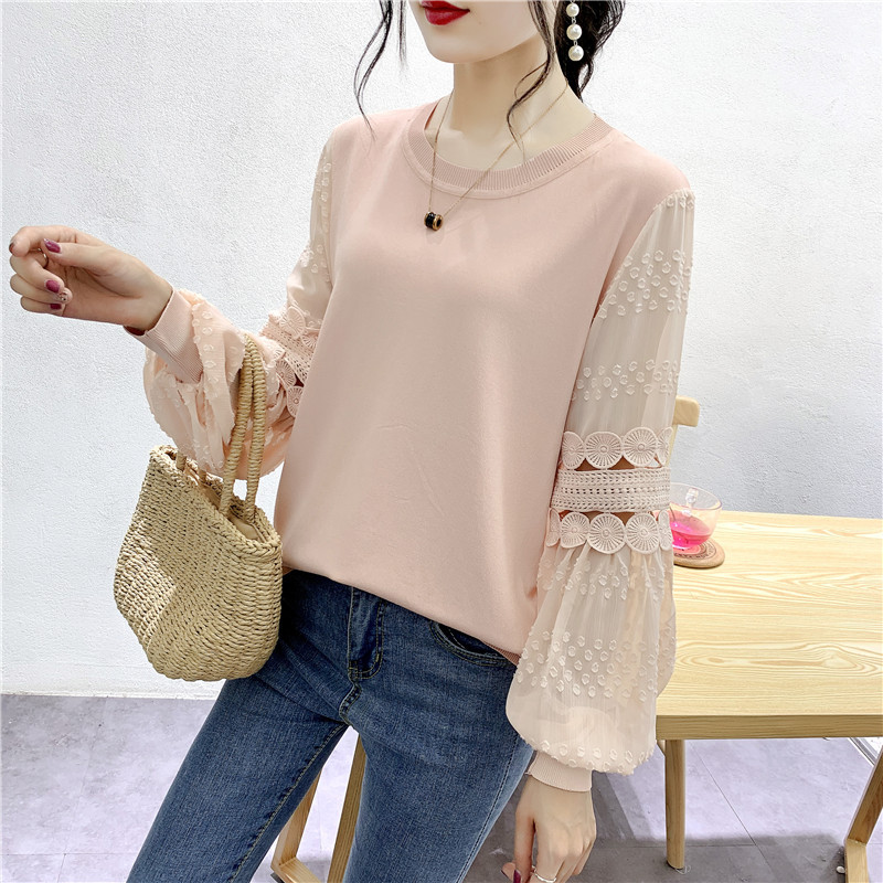 Lace Patchwork Base Shirt 2025 Early Autumn Pullover Round Neck Hollow Thin Knit Top Chiffon Lantern Sleeve Super Fairy-Like Top