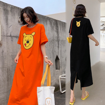 Pregnant Women summer wear large size jacket fashion Korean version of loose short sleeve cotton T-shirt long knee summer dress