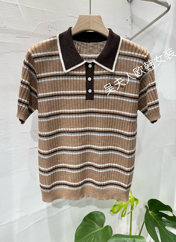 Fashionable Lapel Embroidered Letter Striped Short-Sleeve Knit Top for Women 2026 New European Style Slimming Versatile Elegant Trendy Top