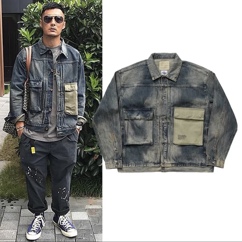 Retro Workwear Style Denim Jacket with Large Pockets and Military-Inspired Design, Similar to Shawn Yue's Style, for Men, Japanese Trendy Versatile Jacket