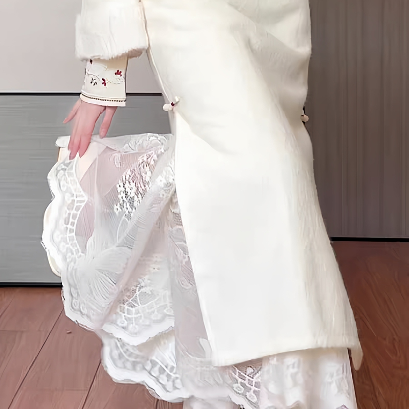 Petticoat Cheongsam with Fleece Lining, Versatile Cheongsam Inner Skirt, Lace Plus-Size Skirt, Solid Color Flared Skirt