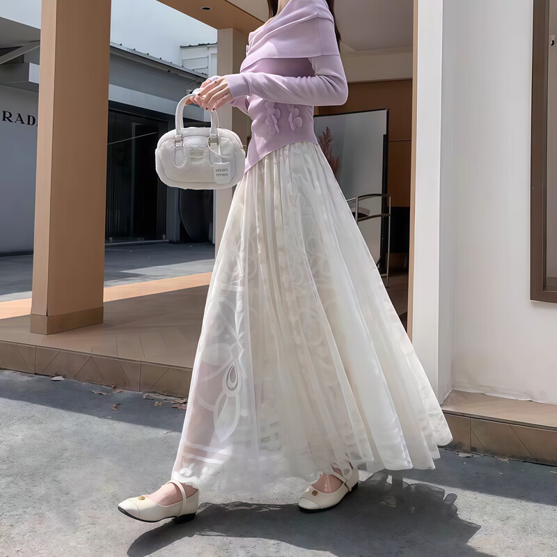 Cheongsam Inner Petticoat, Hanfu Base Skirt, Anti-Exposure Elastic Waist Half Skirt, White Lace Crochet Mesh Long Skirt