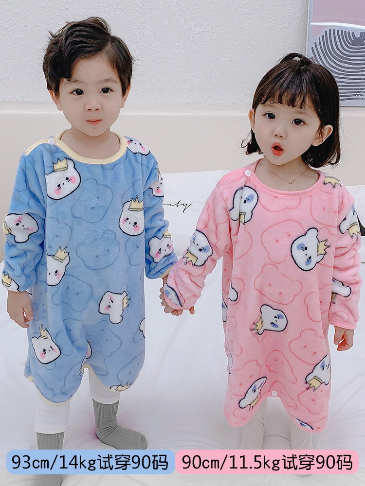 CHILDRENS ONE-PIECE PAJAMAS BOYS AUTUMN AND WINTER FLANNEL BABY GIRL SLEEPING BAG CORAL VELVET THICKENED BABY BELLY GUARD ANTI-KICK QUILT