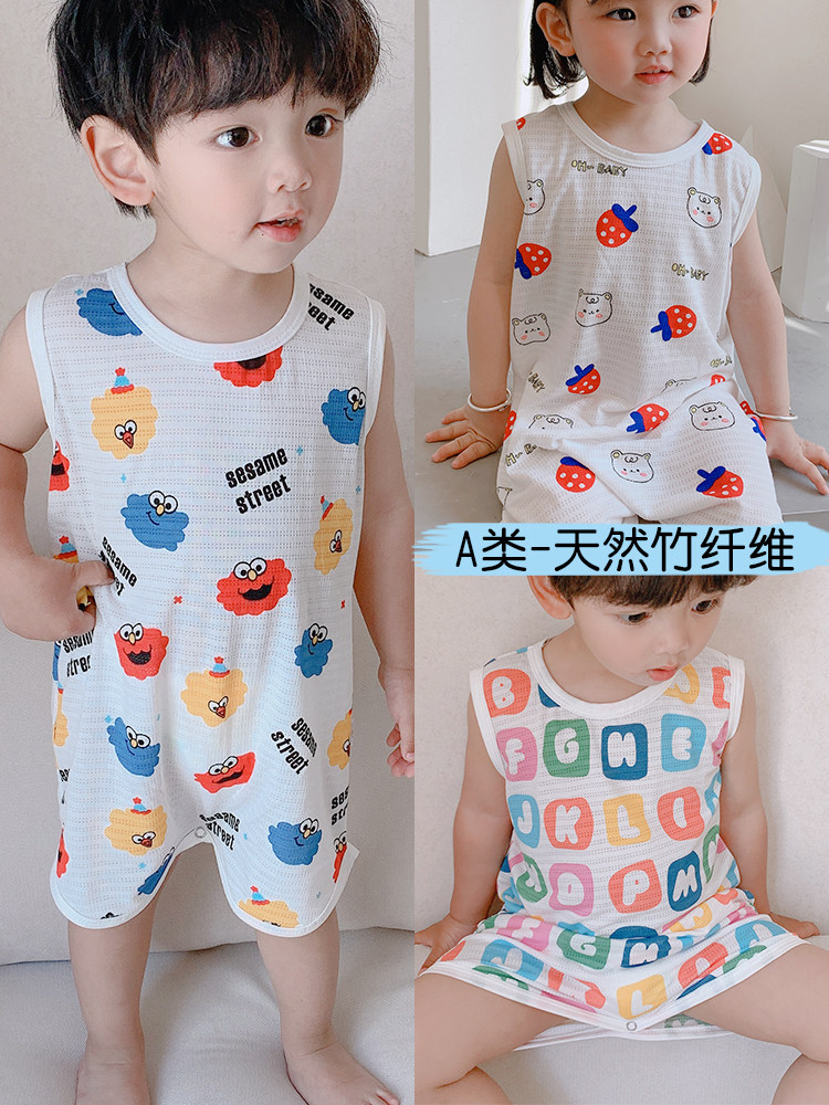 SUMMER BABY BAMBOO FIBER SLEEVELESS ONE-PIECE PAJAMAS GIRL CARTOON BREATHABLE THIN NIGHTDRESS CHILDRENS NIGHTGOWN LOUNGEWEAR