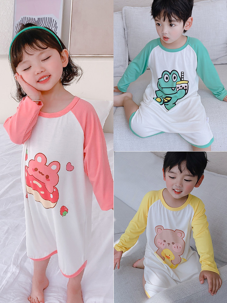 CHILDRENS ONE-PIECE PAJAMAS BOYS SPRING AND AUTUMN DINOSAUR BABIES SUMMER THIN MODAL AIR CONDITIONED SUITS GIRLS ANTI-KICK SLEEPING BAGS