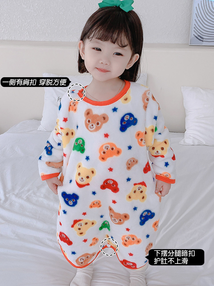 CHILDRENS ONE-PIECE PAJAMAS BOYS AUTUMN AND WINTER FLANNEL BABY GIRL SLEEPING BAG CORAL VELVET THICKENED BABY BELLY GUARD ANTI-KICK QUILT