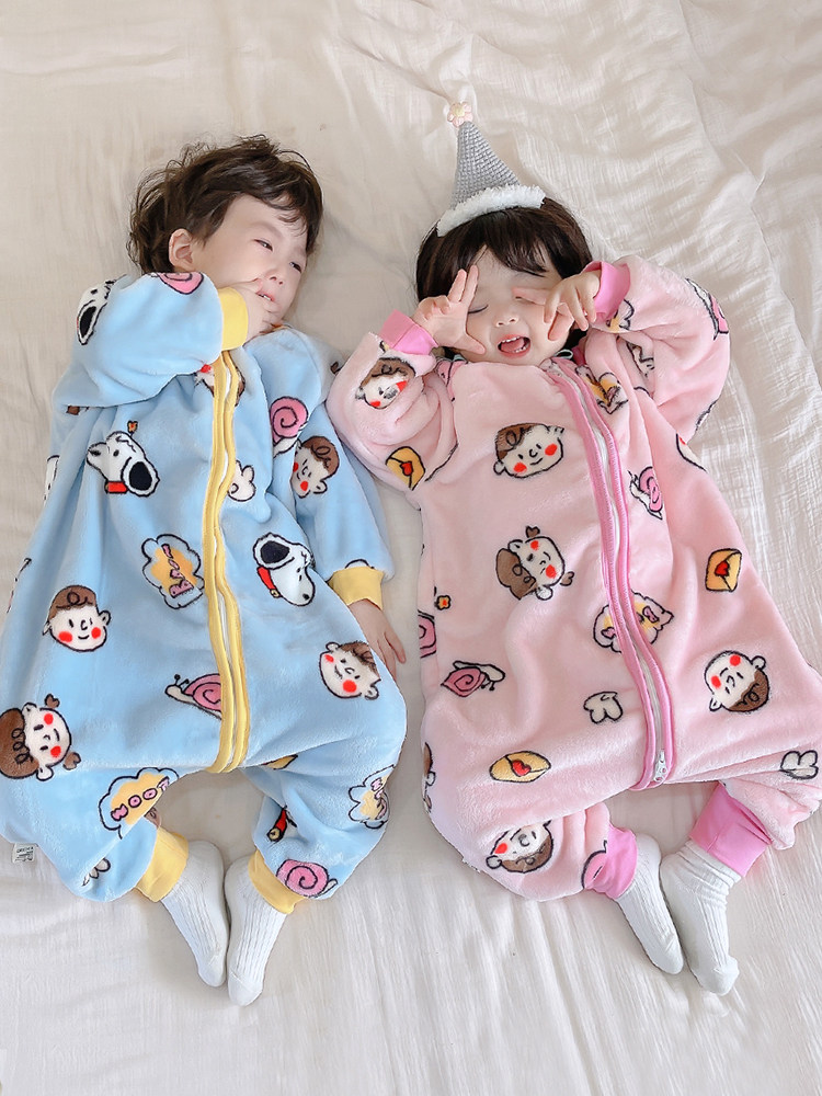BABY PAJAMAS AUTUMN AND WINTER THICKENED CHILDRENS CORAL FLEECE SLEEPING BAG LONG SLEEVE MALE AND FEMALE BABY FLANNEL ONESIES NEW