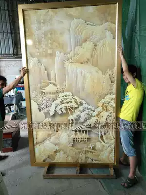 Special art glass aisle background wall Deep carved relief entrance partition screen 3D three-dimensional jade carved landscape painting