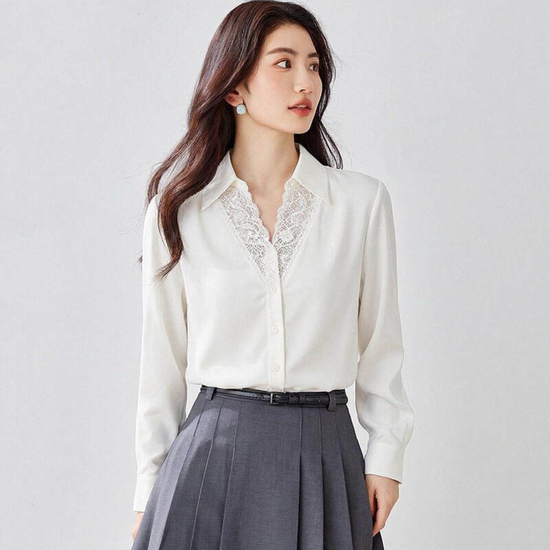 Lace Trim V-Neck Long-Sleeve Silk Shirt for Women, 2026 Autumn New Style, Wrinkle-Free Satin Interview Silk Top Lace Trim V-Neck Long-Sleeve Silk Shirt for Women, 2026 Autumn New Style, Wrinkle-Free Satin Interview Silk Top
