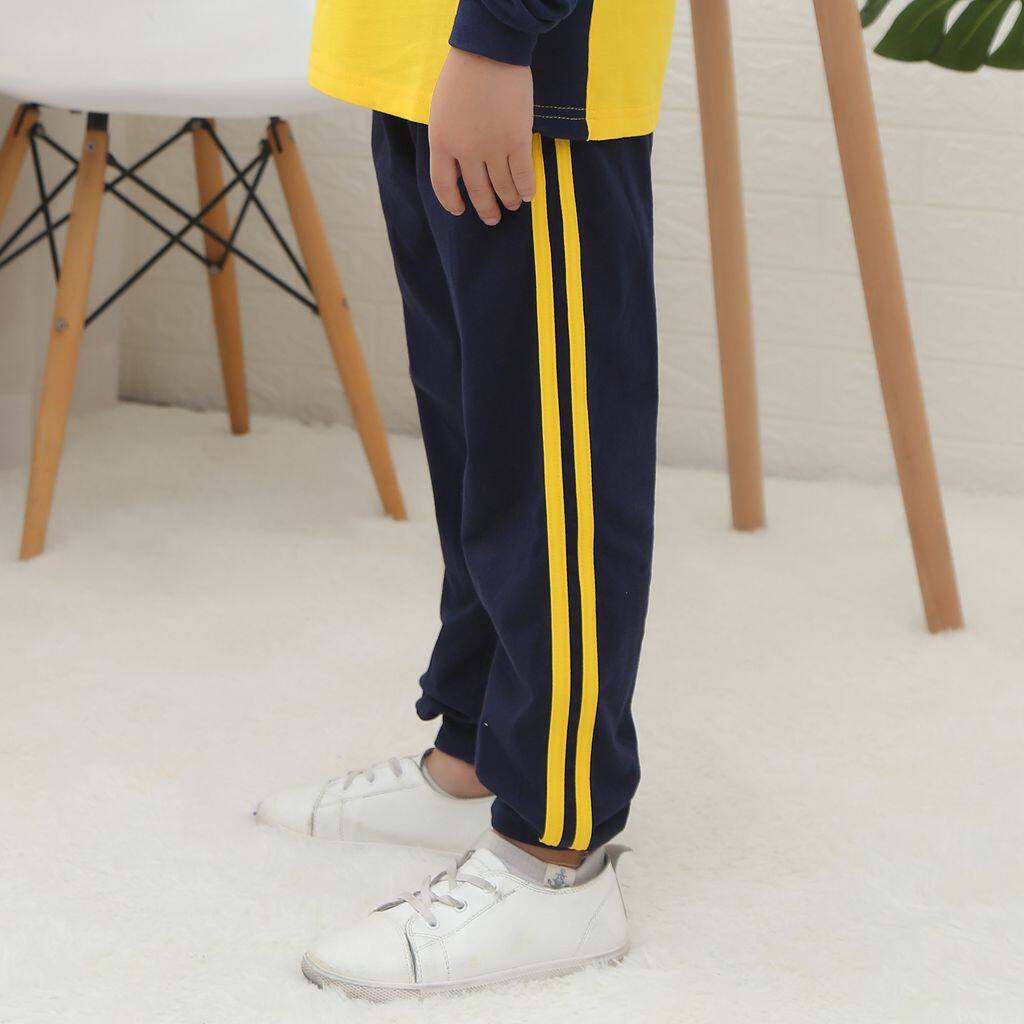 School uniform pants boys and girls primary and secondary school students two strips yellow stripes dark blue summer sports pants two strips junior high school pants