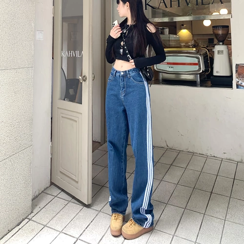 Спортивные осенние джинсы, штаны, леггинсы, свободный крой, высокая талия, по фигуре