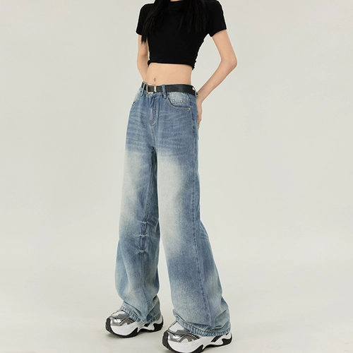 Демисезонные дизайнерские джинсы, штаны, в американском стиле, тренд сезона, высокая талия, свободный прямой крой