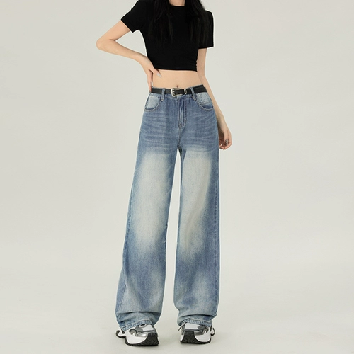 Демисезонные дизайнерские джинсы, штаны, в американском стиле, тренд сезона, высокая талия, свободный прямой крой