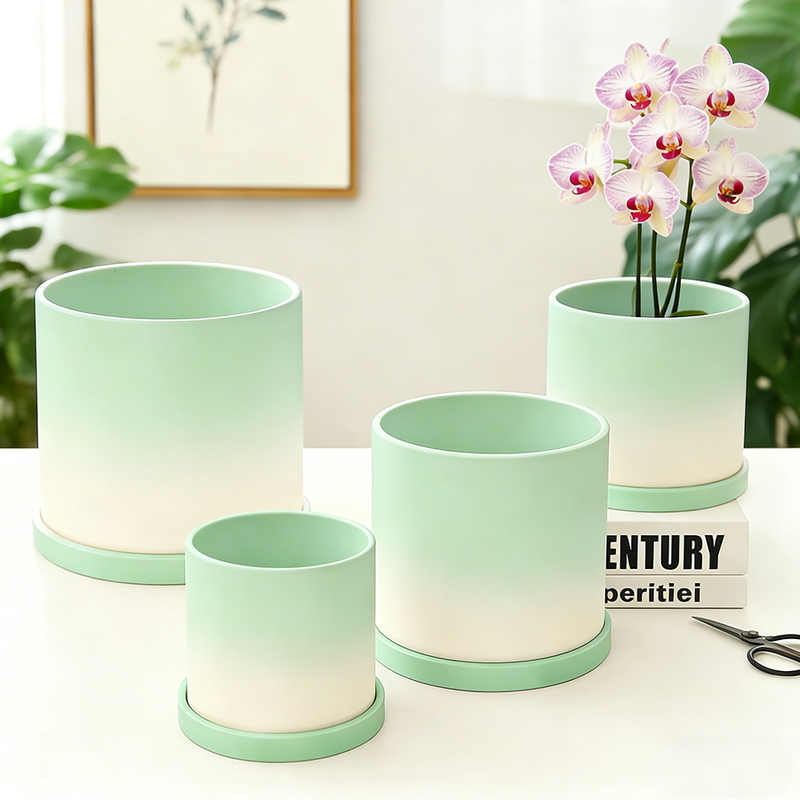 Simple Plain-Fired Gradient Ceramic Straight Flower Pot for Green Plants, Butterfly Orchids, Breathable Large Diameter Clay Pot