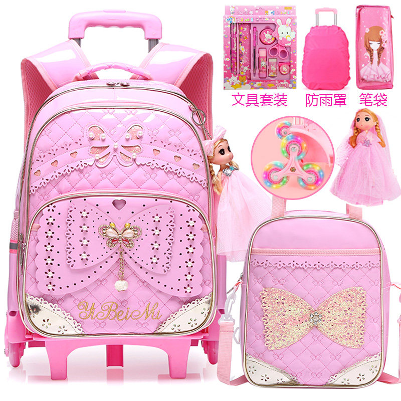 Children's primary school Trolley school bag with wheels Girls Girls 1-3-6 grade 12 years old Princess Waterproof 5