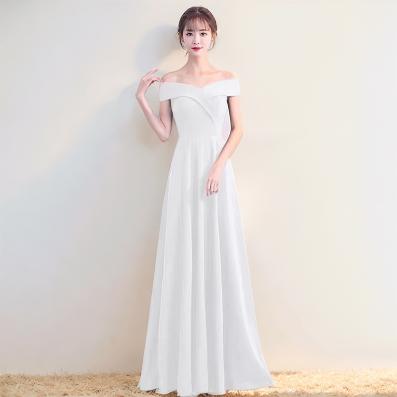 White Evening Dress, Light Luxury, Niche, High-End, for Tall Women, Extended Length to Ankle, Off-Shoulder Dress, Women's High-End Style