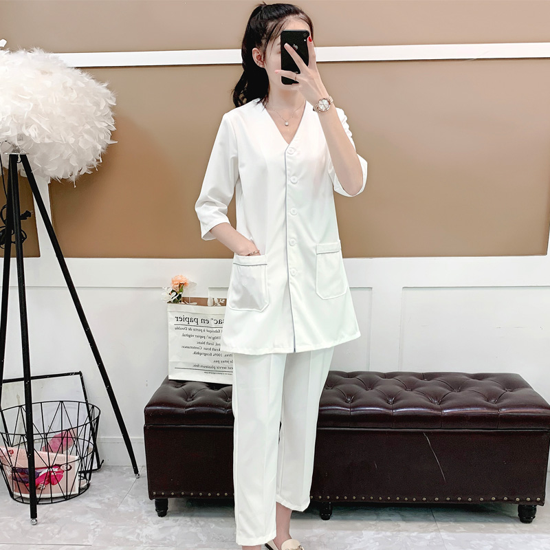 Skin management Korean beauty salon overalls custom logo beautician tattoo embroidery long-sleeved women's mid-sleeve spring and summer