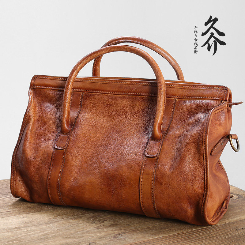 Japanese hand-dyed headliner female short trip retro handbag handmade leather bag carrying large bag girl