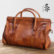 Japanese hand-dyed cowhide womens short-distance travel retro handbag handmade leather large bag hand-carrying large bag women