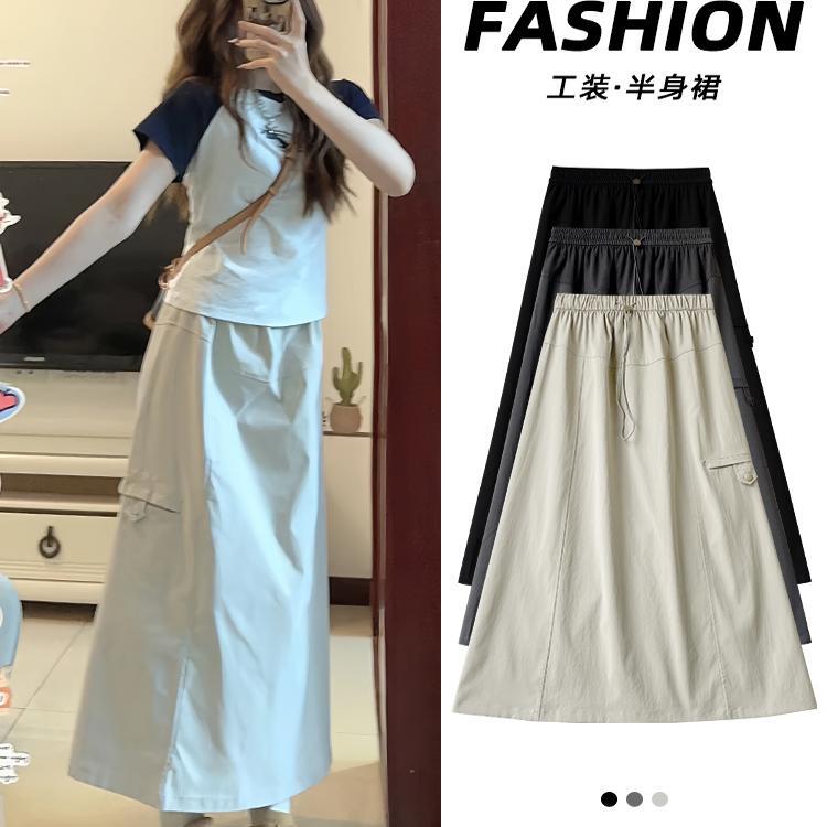 American Retro Workwear Skirt for Women, New Plus Size, Slimming High-Waisted A-Line Versatile Mid-Length Gray Skirt