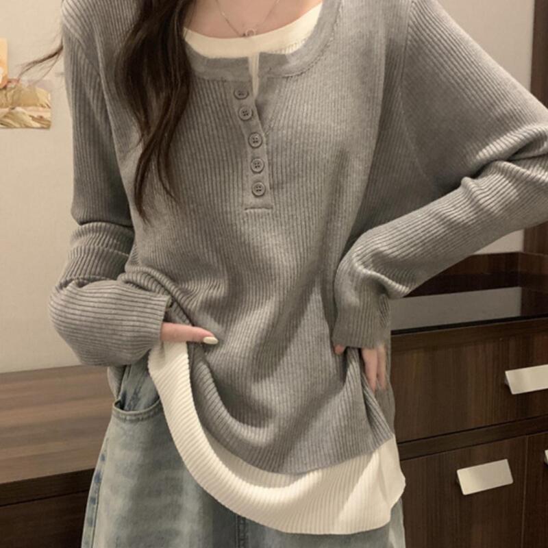 Plus Size Women's Clothing, Belly-Covering Fake Two-Piece Sweater, Knitted Top for Early Spring, Loose and Slimming Long-Sleeve Base Shirt for Chubby Girls